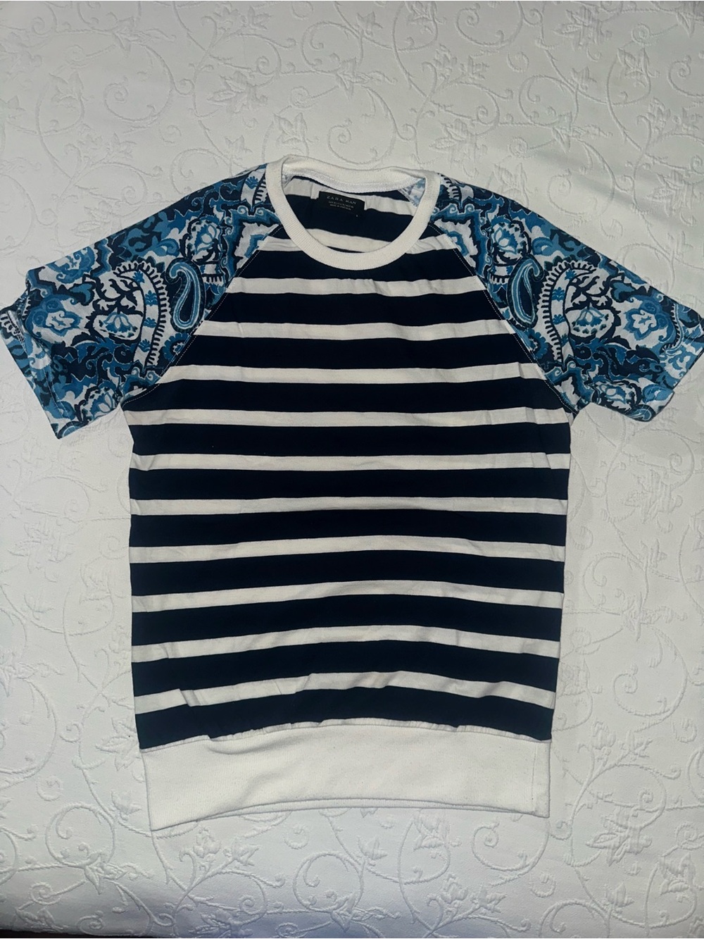 Zara Navy & White Striped Tee with Blue Paisley Sleeves
